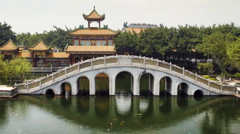 Stone arch bridge and Pavilion 02 Stock Footage 3274638