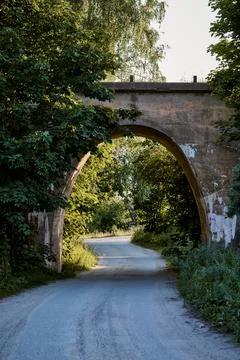 Stone arch bridge in verdant forest pathway Stock Photos