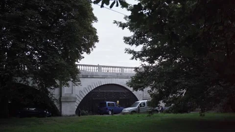 Stone Arch Bridge White bridge framed by trees above grassy riverbank in quiet Vidéo 332993331
