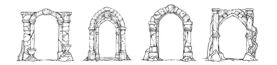 Stone arch frame set, hand drawn fantasy portal doorway, ancient medieval Stock Illustration