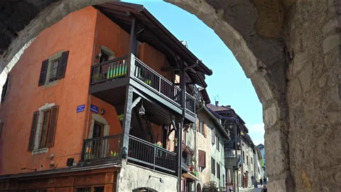 Stone Arch Framing Orange Old Town Building Annecy France May 28 2026 Stock Footage 337315569