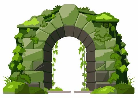 Stone arch with green plants isolated on white background. Vector illustration. Stock Illustration