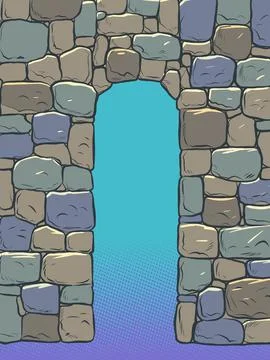 Stone arch Historical background, medieval wall. Passage path Ilustración de archivo