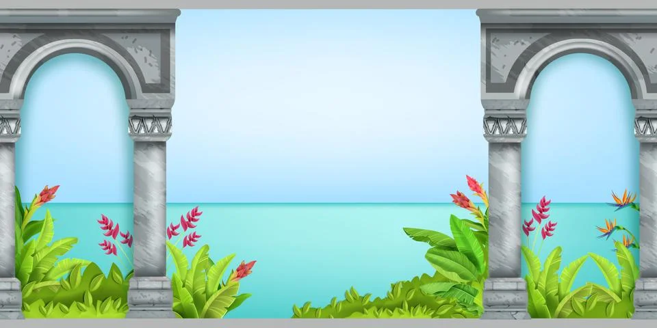 Stone arch seamless background, vector ancient Greek pillars, exotic garden Stock Illustration