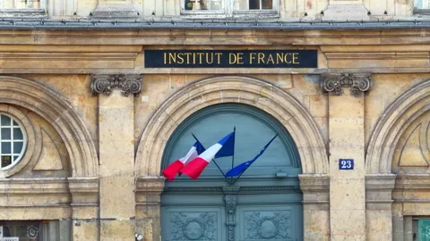 Stone arched entry portal at the Institut de France with the French flags Видео 337880342