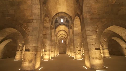 Stone arches and columns line Sultanhani Caravanserai - Islamic Heritage Stock Footage 340525031