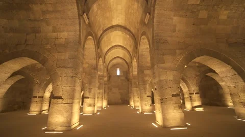 Stone arches and columns line Sultanhani Caravanserai - Architectural Symmetry Stock Footage 340583263