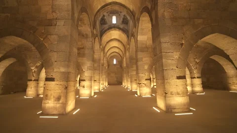 Stone arches and columns line Sultanhani Caravanserai - Architectural Heritage Stock Footage 340583689