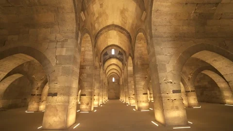Stone arches and columns line Sultanhani Caravanserai - Architectural Landmark Stock Footage 340583764