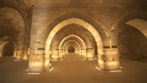 Stone arches and columns line Sultanhani Caravanserai - Historic Building Stock Footage 340584393