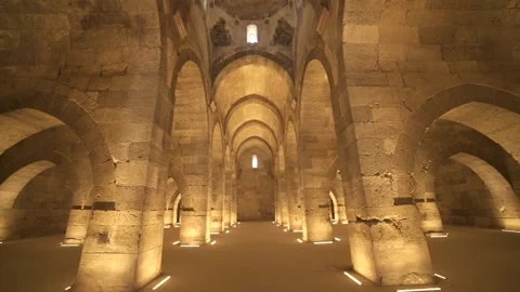 Stone arches and columns line Sultanhani Caravanserai - Cultural Monument Stock Footage 340584467