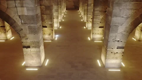 Stone arches and columns line Sultanhani Caravanserai - Turkish Heritage Stock Footage 340584964