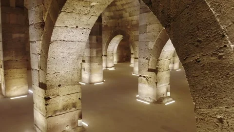 Stone arches and columns line Sultanhani Caravanserai - Vaulted Masonry Stock Footage 340585096