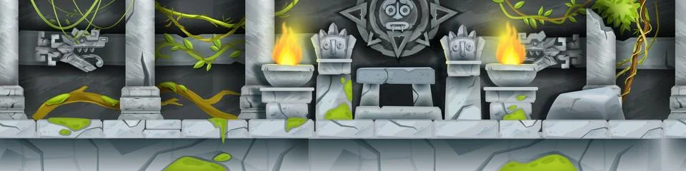 Stone Aztec temple, seamless vector cartoon Maya game landscape Stock Illustration
