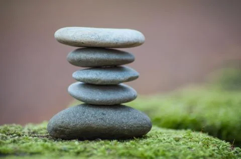 Stone balance on moss in the forest Stock Photos