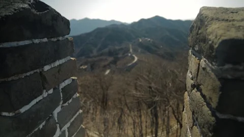 Stone Battlements Framing Mountain View Along Great Wall Mutianyu Section, China Stock Footage 345823884