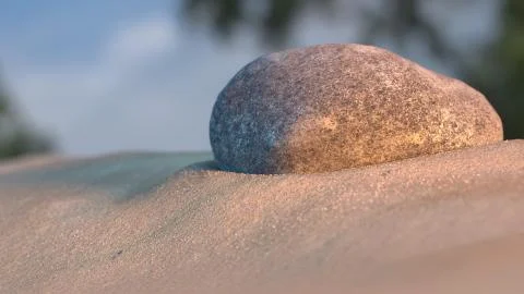 Stone on beach sand at sunset with sky and trees in background 3d illustration Stock Illustration