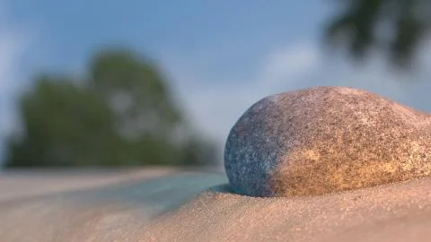 Stone on beach sand at sunset with sky and trees in background 3d illustration Stock Illustration
