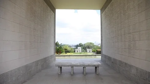 Stone Bench in between memorial walls Stock Footage 104418419