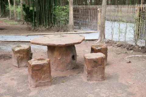 Stone benches in park. Stock Photos
