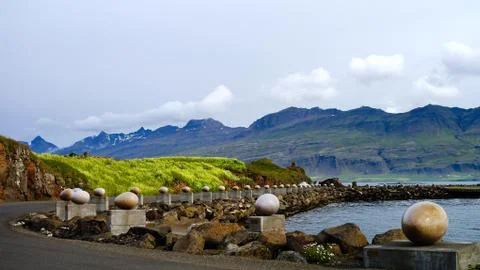 Stone Bird Eggs aka Eggs at Merry Bay monument ,Djupivogur Iceland Stock Photos