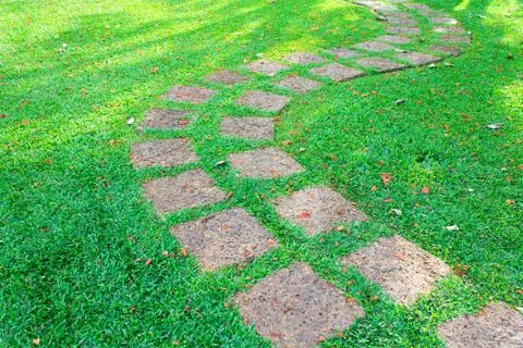 The stone block pathway in the backyard Stock Photos