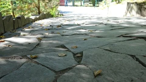 The Stone block walk path in the park with green grass background . Paving sl Stock Photos