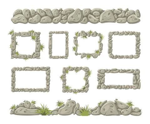 Stone borders and frames. Old broken rocks for computer games, concrete grass Stock Illustration