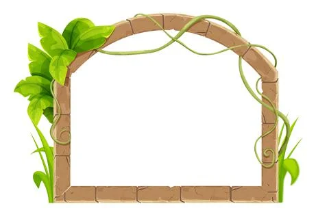 Stone brick arch frame border jungle decorated with liana, tropical leaves and Stock Illustration