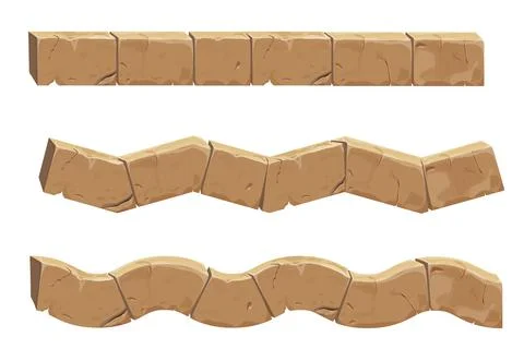 Stone brick, border seamless ancient fence in cartoon style, isolated on white Stock Illustration