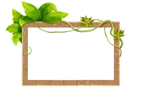 Stone brick frame border jungle decorated with liana, tropical leaves and grass Stock Illustration
