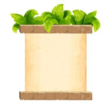 Stone brick frame border with old parchment jungle decorated with tropical Stock Illustration