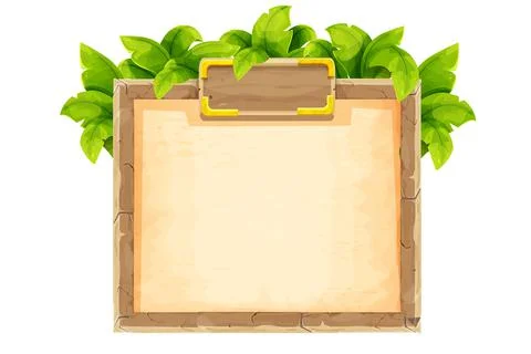 Stone brick frame border with old parchment jungle decorated with tropical Stock Illustration
