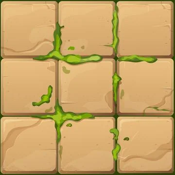 Stone brick with moss old game wall, medieval path, road seamless tile Illustrazione stock