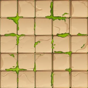 Stone brick with moss old game wall, medieval path, road seamless tile Stock Illustration