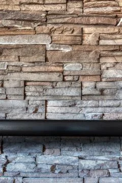 Stone Brick Wall Background With Empty Wooden Shelf And Copy Space Stock Photos