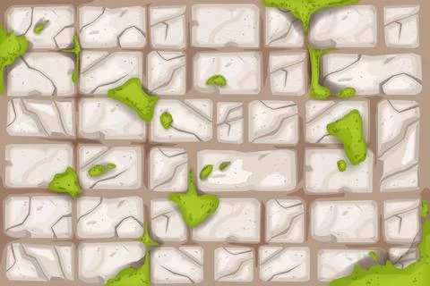 Stone brick wall, vector old rock texture background, green moss Stock Illustration