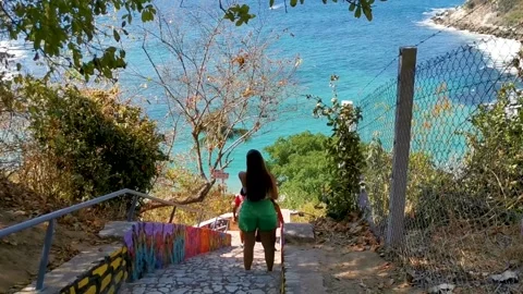 Stone bricks trail with paintings to beach Carrizalillo Puerto Escondido. Stock Footage 259827157