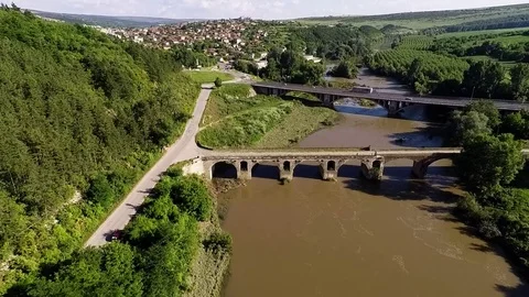 Stone bridge and bridge for Yantra river vehicles in the town of Byala Stock Footage 80892637