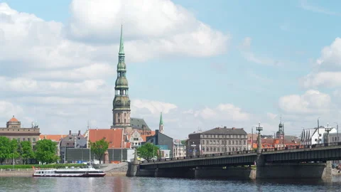 Stone Bridge and St. Peter church, Riga, Latvia. Stock Footage 208402400