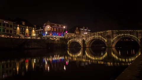 Stone bridge crossing the river Rur in Roermond, Limburg, The Netherlands. Stock Footage 94392907