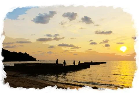 Stone bridge in front of sunset background at Koh Chang Island Trat Provinc.. Stock Illustration