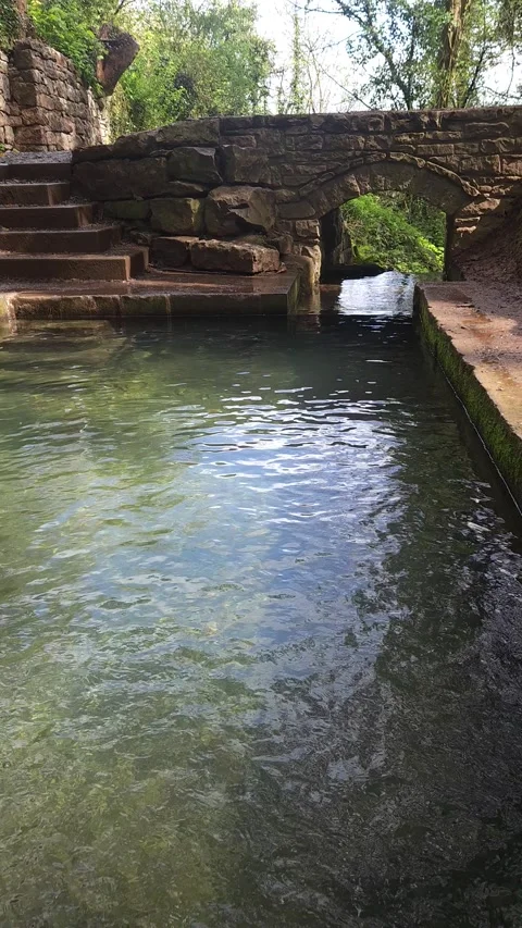 Stone Bridge Over Clear Spring Water – Ancient Steps and Flowing Stream Stock Footage 333622137