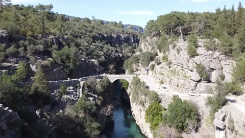 Stone bridge over a mountain river in the gorge of the canyon Stock Footage 209904914