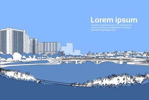 Stone bridge over river cityscape blue background city buildings landscape view Ilustración de archivo