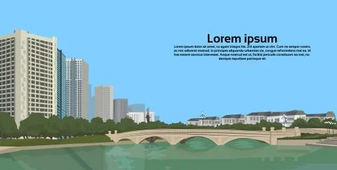 Stone bridge over river cityscape background city buildings landscape view Ilustración de archivo