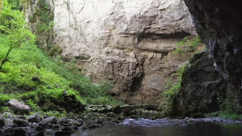 Stone bridge over water stream in a cave without roof, Rakov Škocjan Stock Footage 160418927
