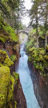 Stone bridge spanning a narrow gorge in the French Pyrenees, surrounded by .. Stock Photos