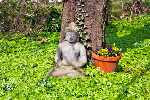 Stone buddha in front of a cherry tree Stock Photos