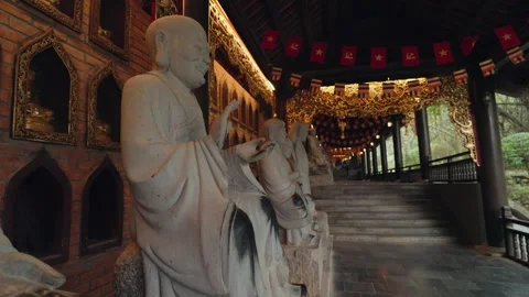 Stone Buddha Statues Inside Ba Dinh Pagoda Complex, Hanoi, Vietnam Stock Footage 329747932